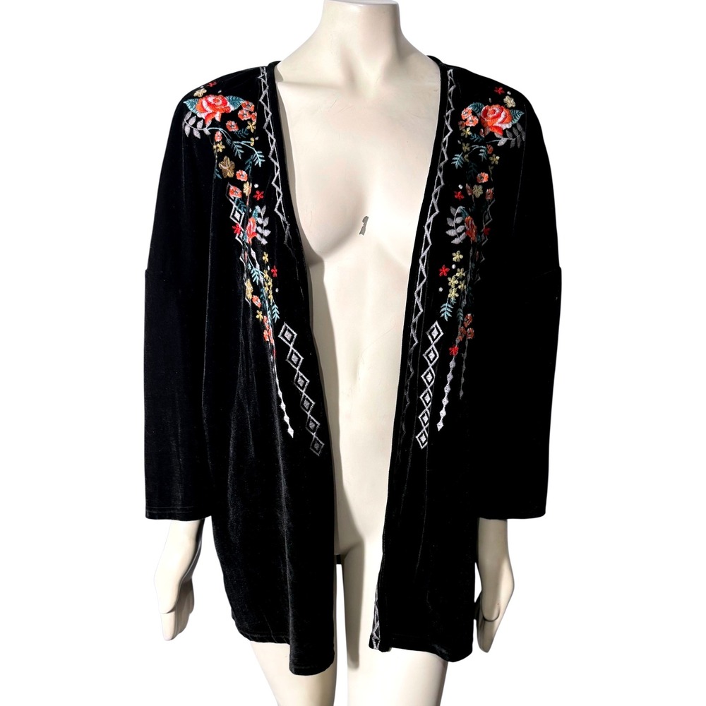 Jodiful Black Velvet‎ Embroidered Open Front Sweater M Boho Floral Chic Eclectic
